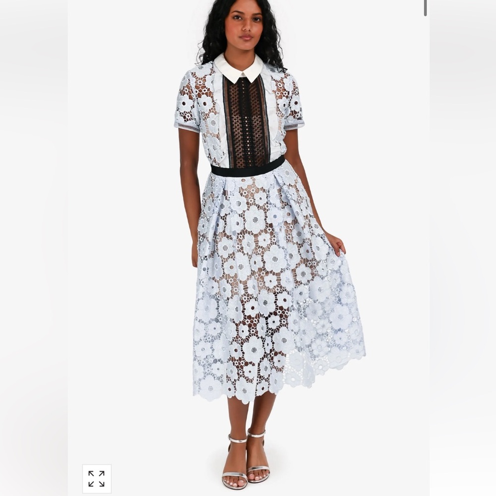 Self-Portrait Blue Floral Lace Midi Dress with White Collar